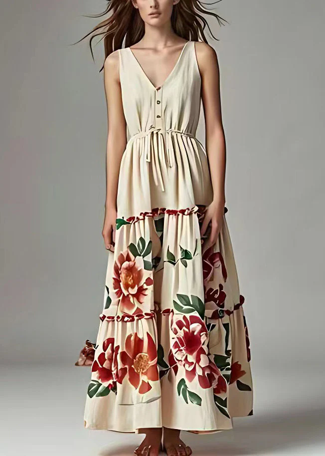 New Beige Lace Up Print Cotton Long Dresses Sleeveless - Image 2