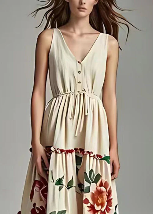 New Beige Lace Up Print Cotton Long Dresses Sleeveless - Image 3