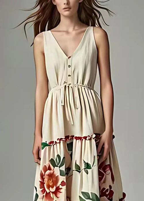 New Beige Lace Up Print Cotton Long Dresses Sleeveless - Image 4