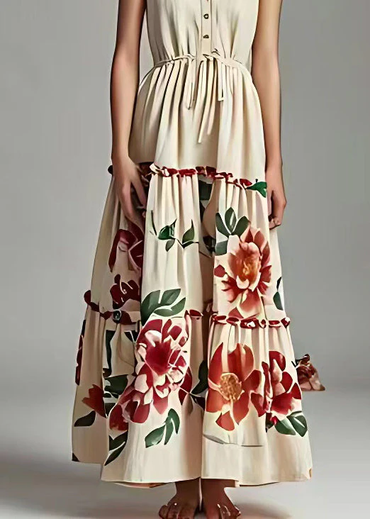 New Beige Lace Up Print Cotton Long Dresses Sleeveless - Image 5