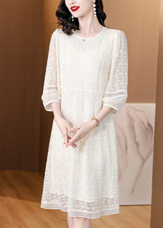 New Beige O Neck Embroideried Lace Dresses Bracelet Sleeve - Image 3