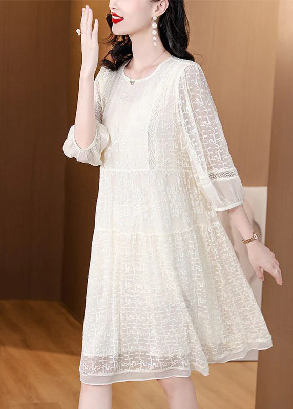 New Beige O Neck Embroideried Lace Dresses Bracelet Sleeve - Image 4