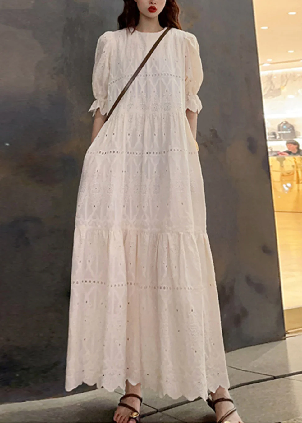 New Beige O Neck Hollow Out Patchwork Cotton Long Dress Summer - Image 2