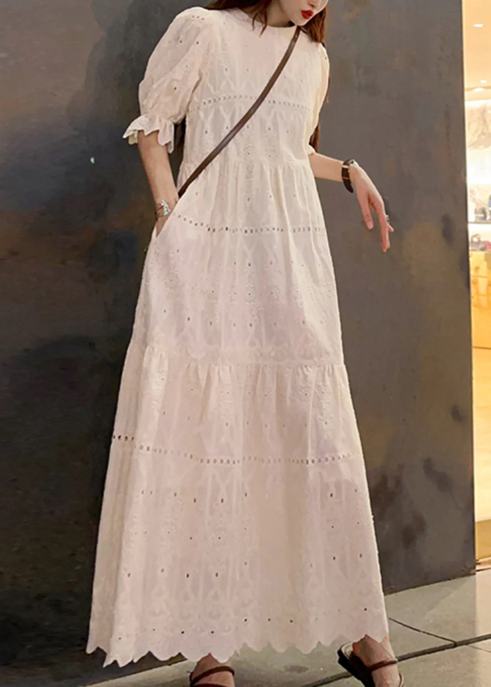 New Beige O Neck Hollow Out Patchwork Cotton Long Dress Summer - Image 3
