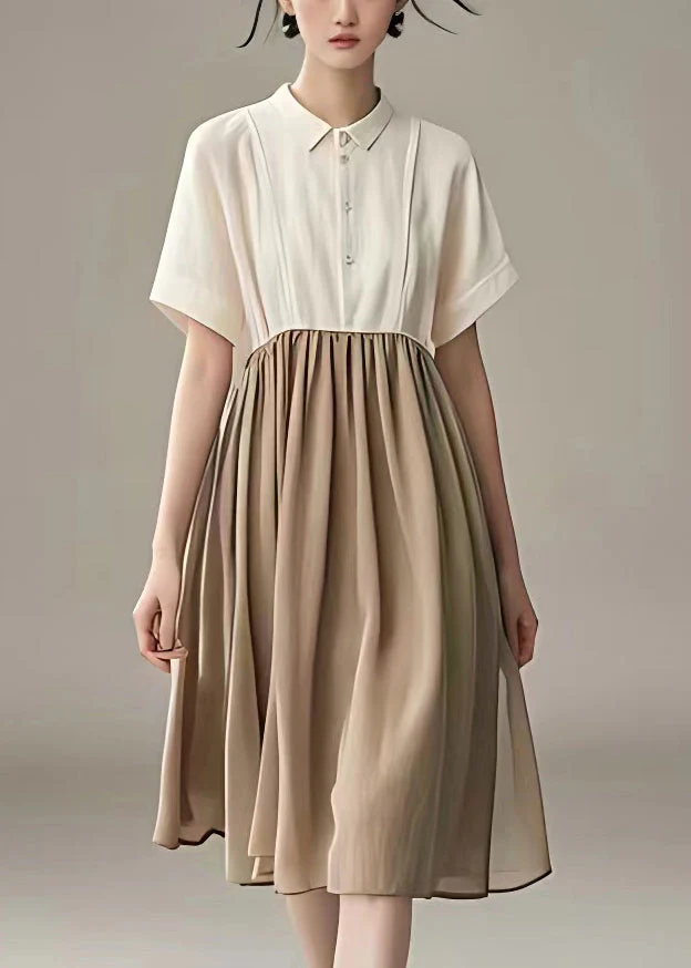 New Beige Peter Pan Collar Button Patchwork Cotton Dress Summer - Image 2