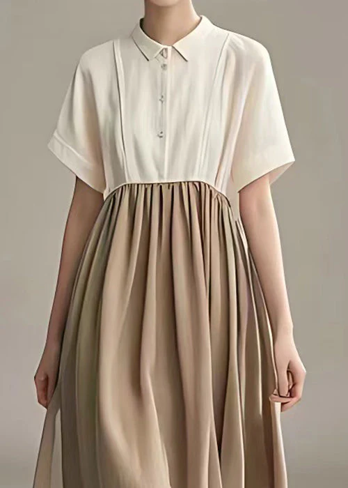 New Beige Peter Pan Collar Button Patchwork Cotton Dress Summer - Image 3