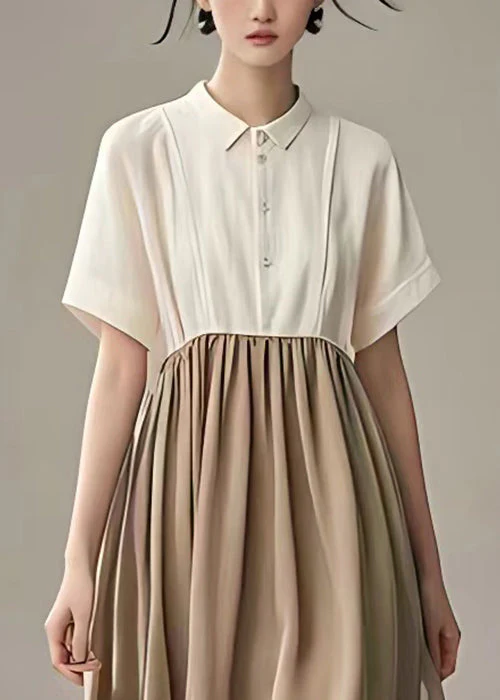 New Beige Peter Pan Collar Button Patchwork Cotton Dress Summer - Image 4