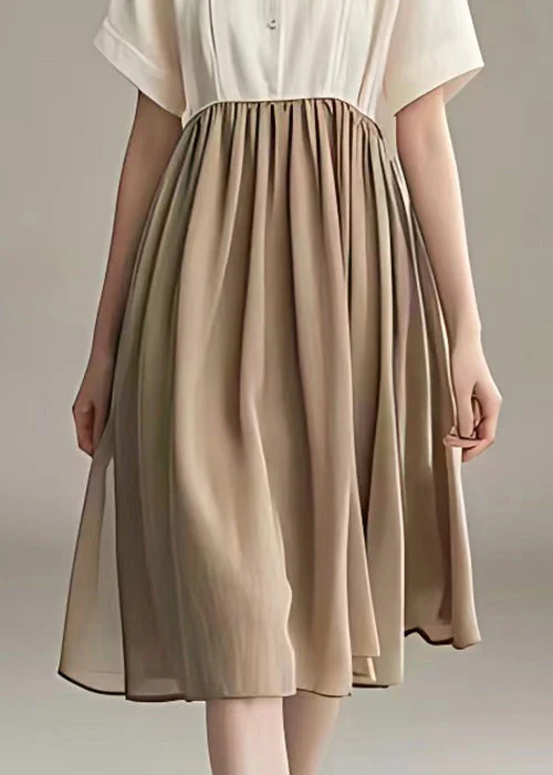 New Beige Peter Pan Collar Button Patchwork Cotton Dress Summer - Image 5