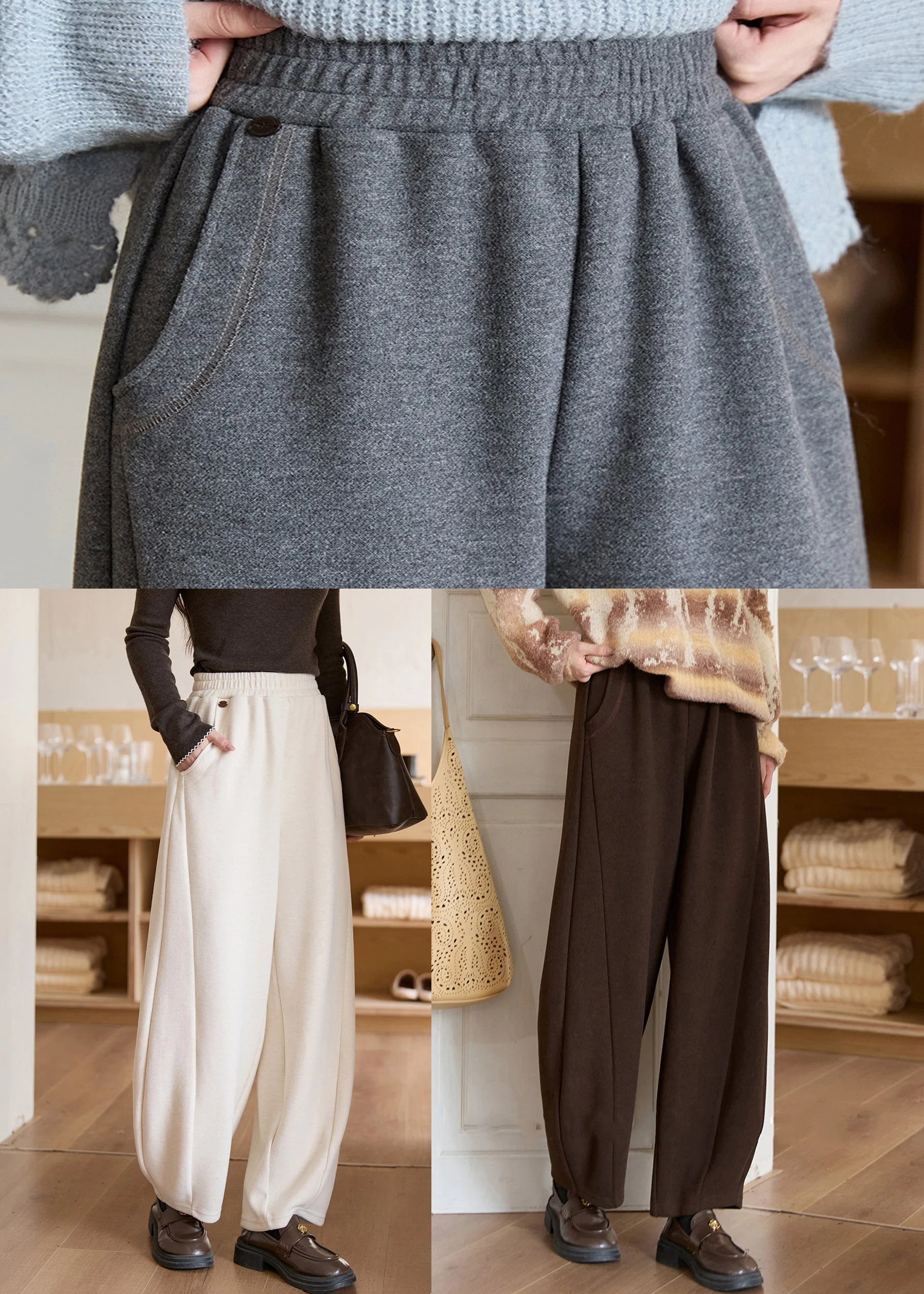 New Beige Pockets Elastic Waist Woolen Pants Winter - Image 5