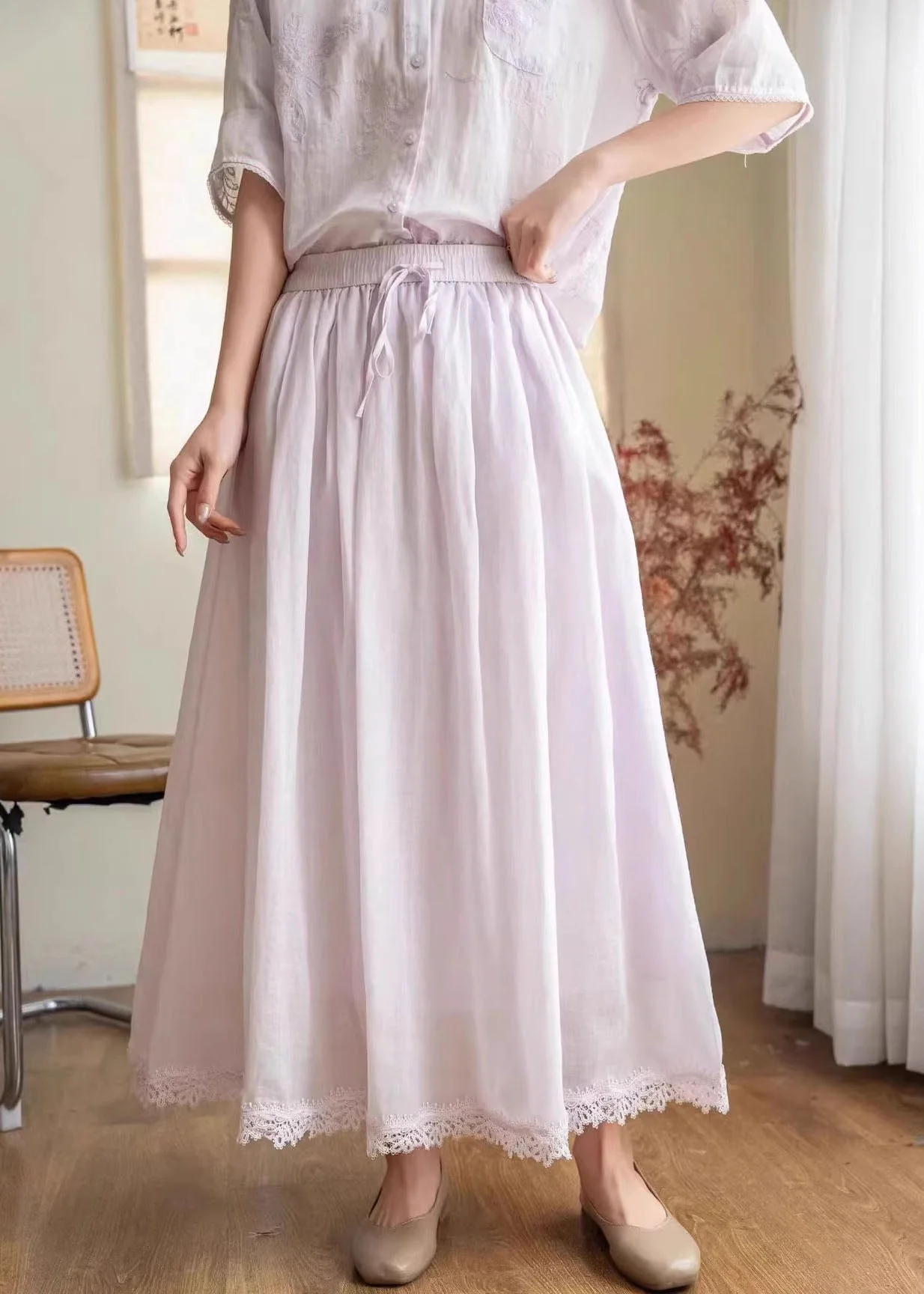 New Beige Pockets Patchwork Elastic Waist Linen Skirt Summer - Image 2