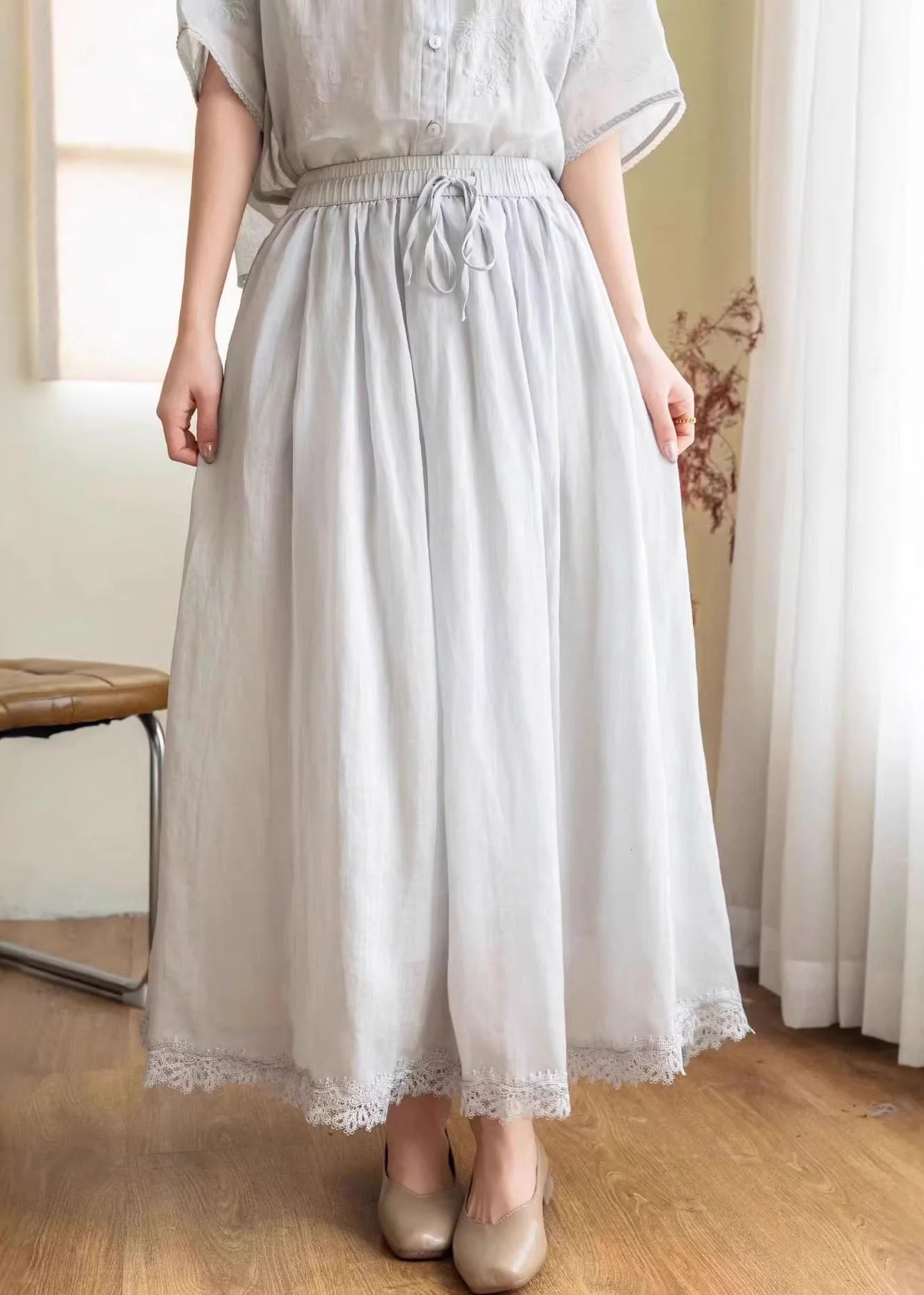 New Beige Pockets Patchwork Elastic Waist Linen Skirt Summer - Image 3