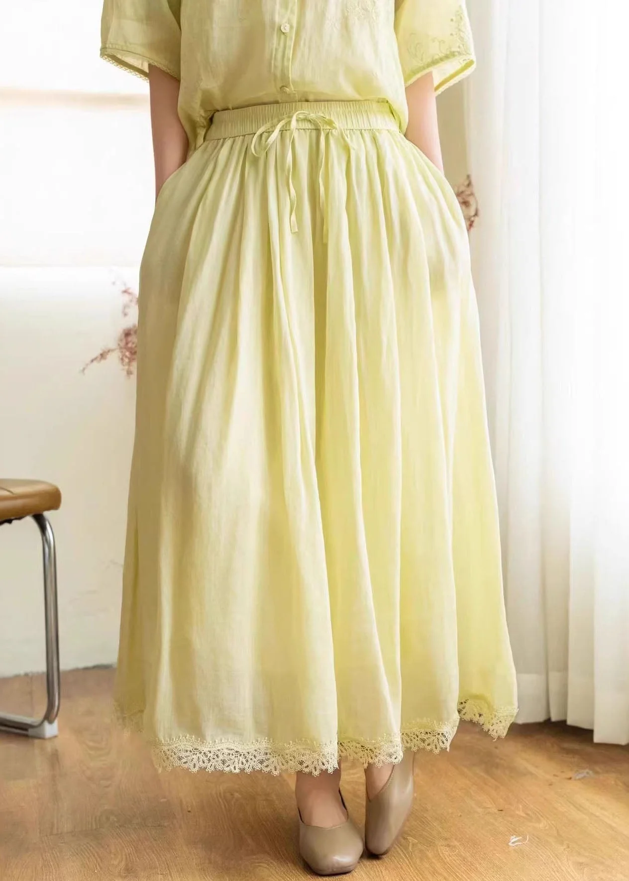 New Beige Pockets Patchwork Elastic Waist Linen Skirt Summer - Image 4