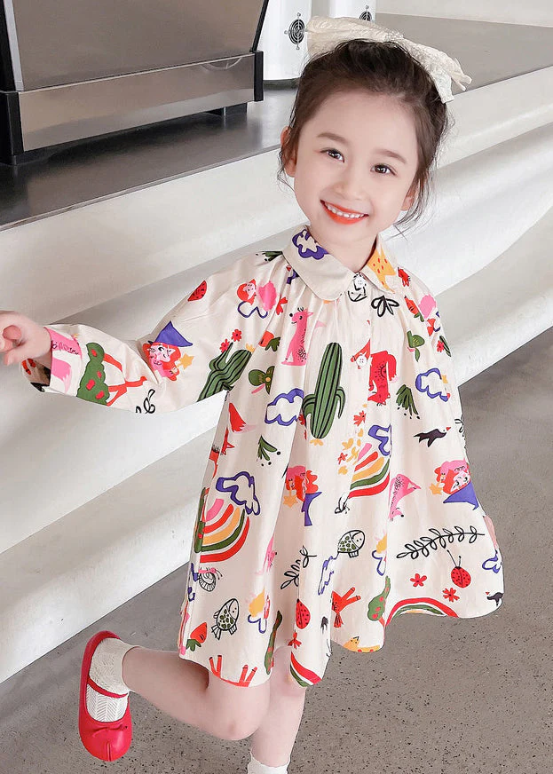 New Beige Print Button Girls Mid Dress Long Sleeve - Image 2