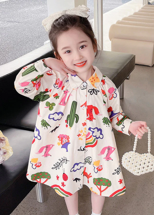 New Beige Print Button Girls Mid Dress Long Sleeve - Image 3