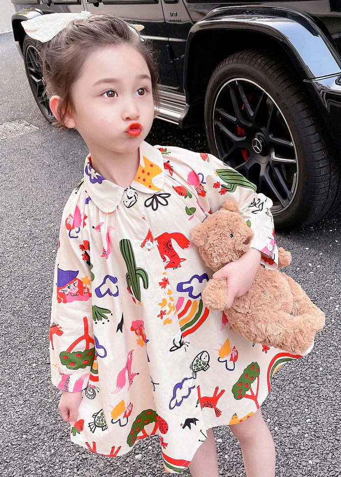 New Beige Print Button Girls Mid Dress Long Sleeve - Image 4