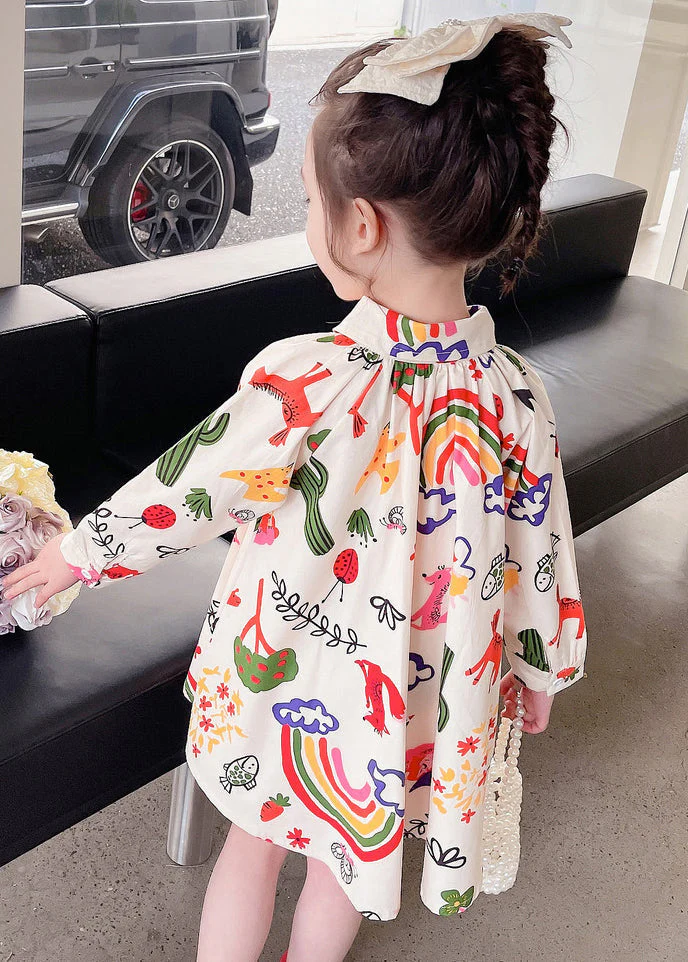 New Beige Print Button Girls Mid Dress Long Sleeve - Image 5
