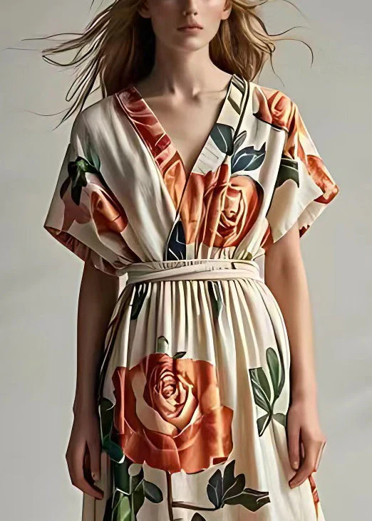 New Beige Print High Waist Cotton Maxi Dress Summer - Image 4