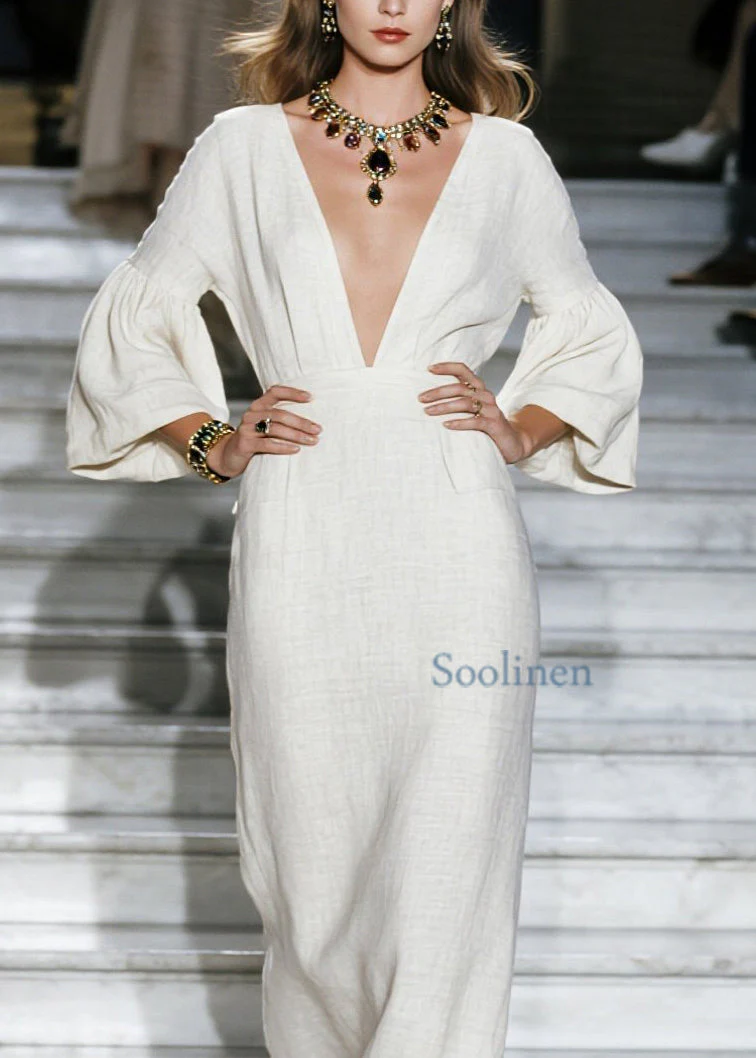 New Beige V Neck Patchwork Loose Cotton Maxi Dresses Spring - Image 2