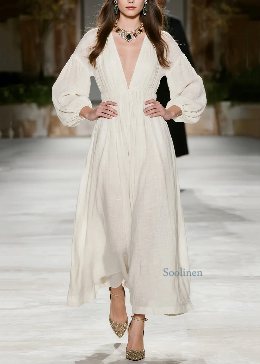 New Beige V Neck Wrinkled Patchwork Cotton Dress Spring - Image 3
