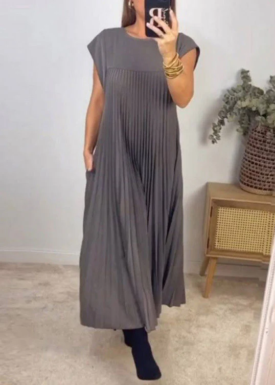 New Beige Wrinkled Pockets Solid Long Dress Summer - Image 3