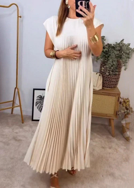 New Beige Wrinkled Pockets Solid Long Dress Summer - Image 4