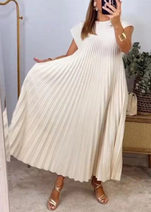 New Beige Wrinkled Pockets Solid Long Dress Summer - Image 5