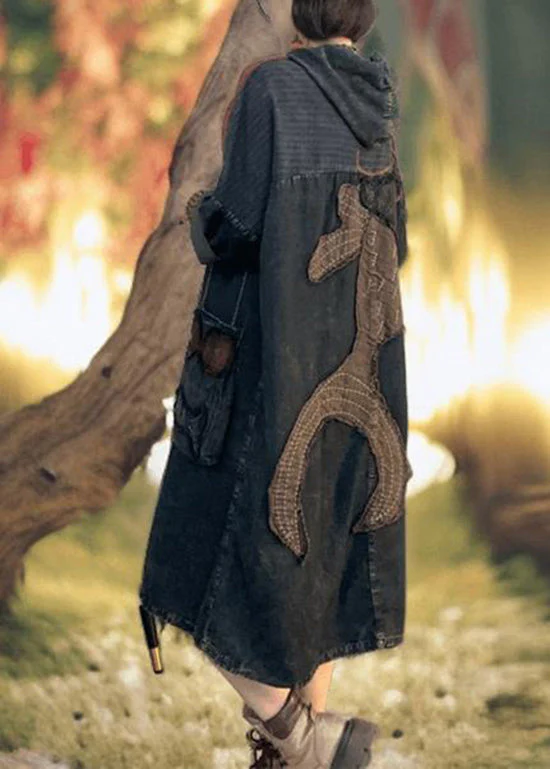 New Black Applique Patchwork Denim Hooded Dress Spring - Image 2