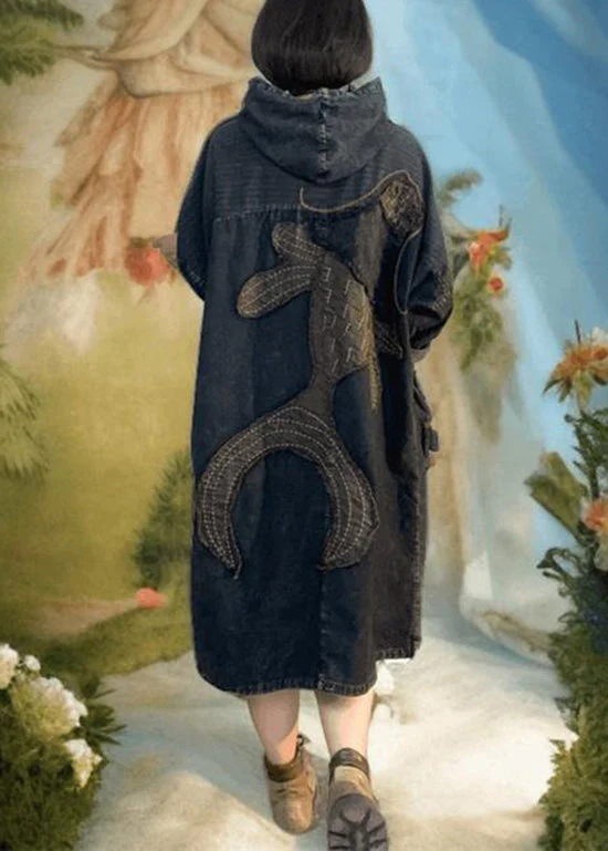 New Black Applique Patchwork Denim Hooded Dress Spring - Image 3
