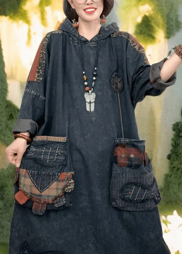New Black Applique Patchwork Denim Hooded Dress Spring - Image 4