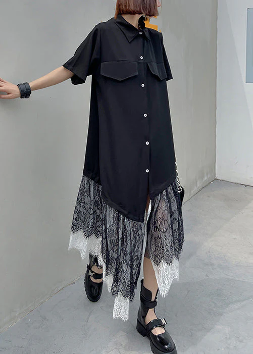 New Black Asymmetrical Button Lace Patchwork Shirts Long Dresses Summer - Image 3