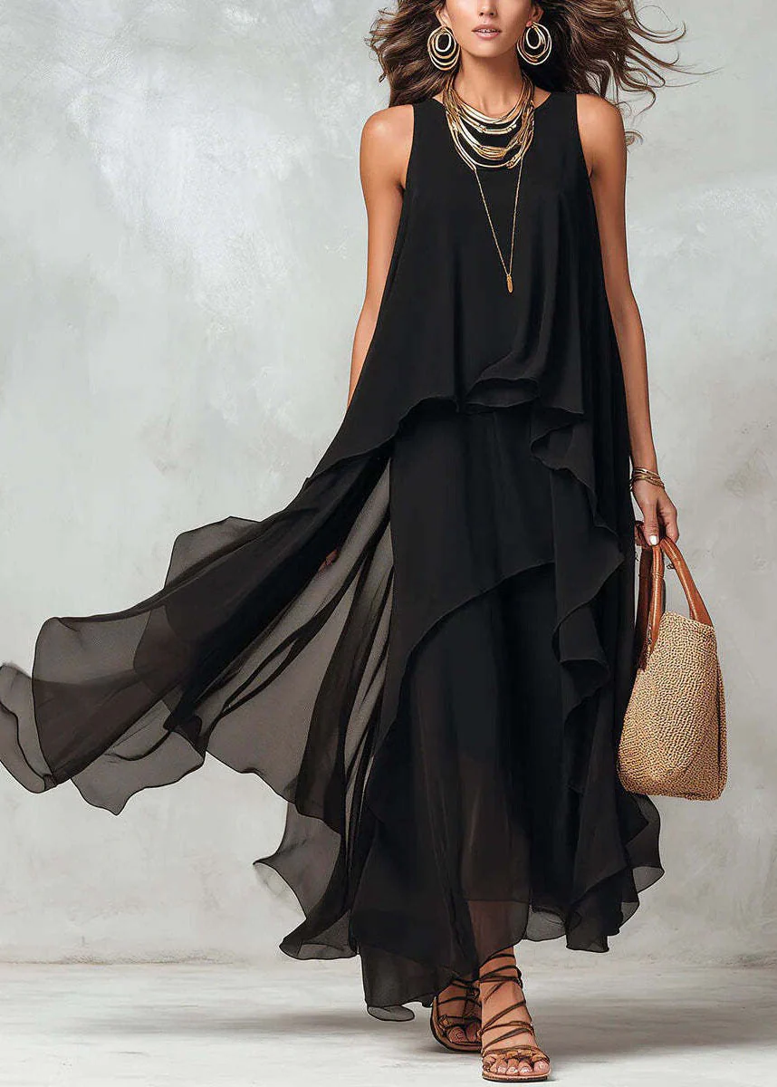 New Black Asymmetrical Design Patchwork Chiffon Dresses Sleeveless - Image 3