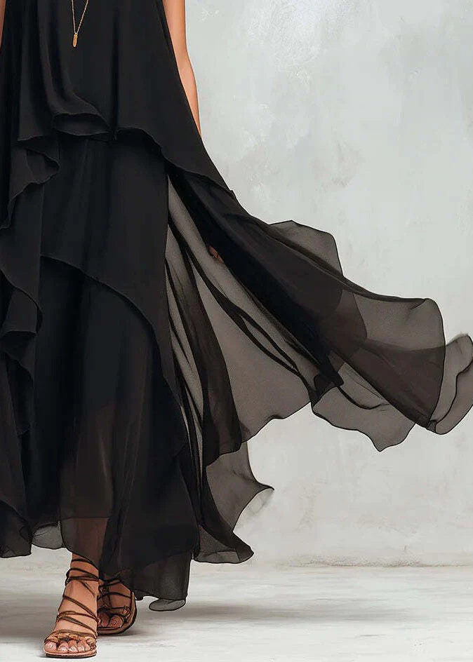 New Black Asymmetrical Design Patchwork Chiffon Dresses Sleeveless - Image 4