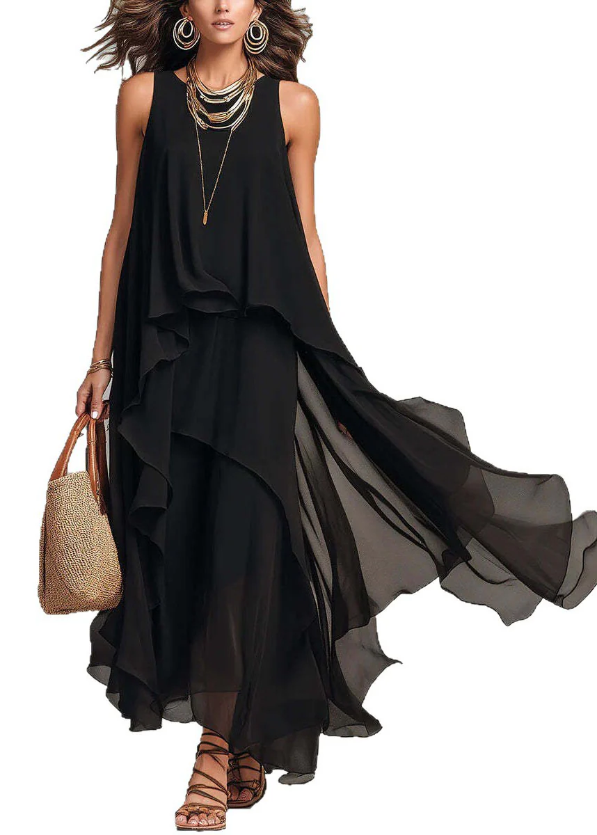 New Black Asymmetrical Design Patchwork Chiffon Dresses Sleeveless - Image 5