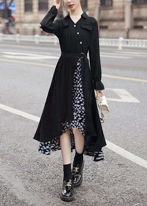 New Black Asymmetrical Tie Waist Patchwork Chiffon Dress Long Sleeve - Image 2
