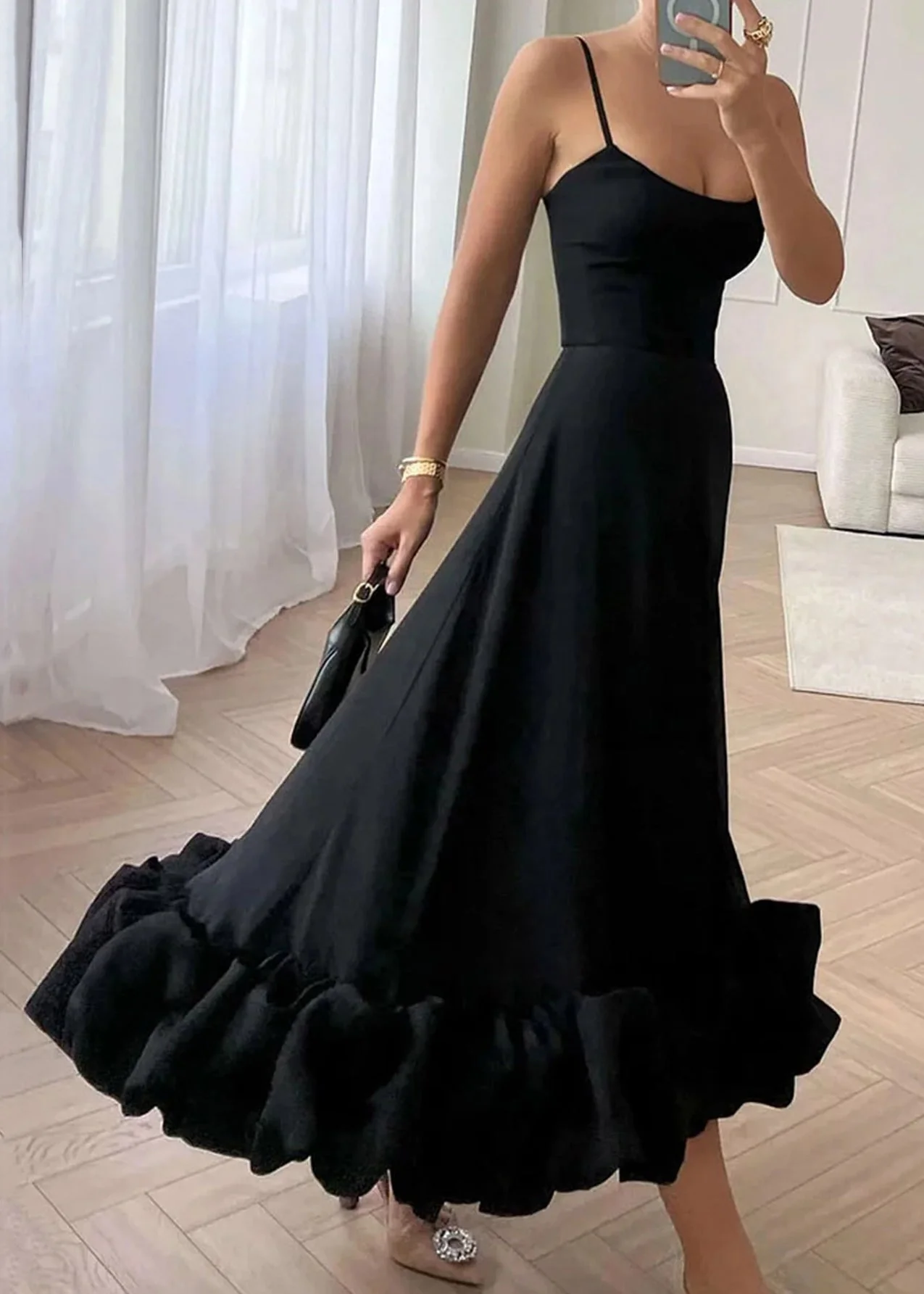 New Black Cold Shoulder Solid Cotton Spaghetti Strap Dress Sleeveless - Image 2