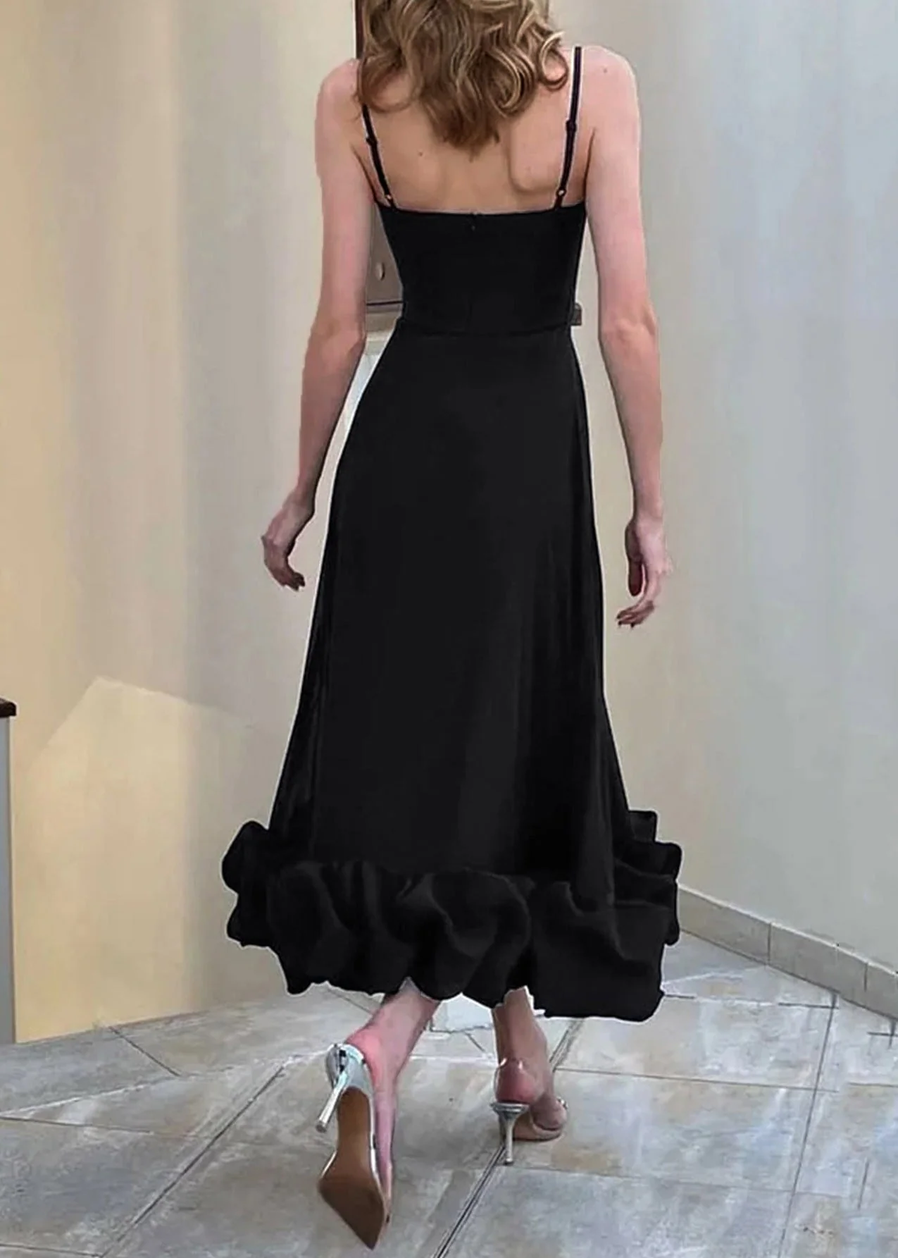 New Black Cold Shoulder Solid Cotton Spaghetti Strap Dress Sleeveless - Image 3
