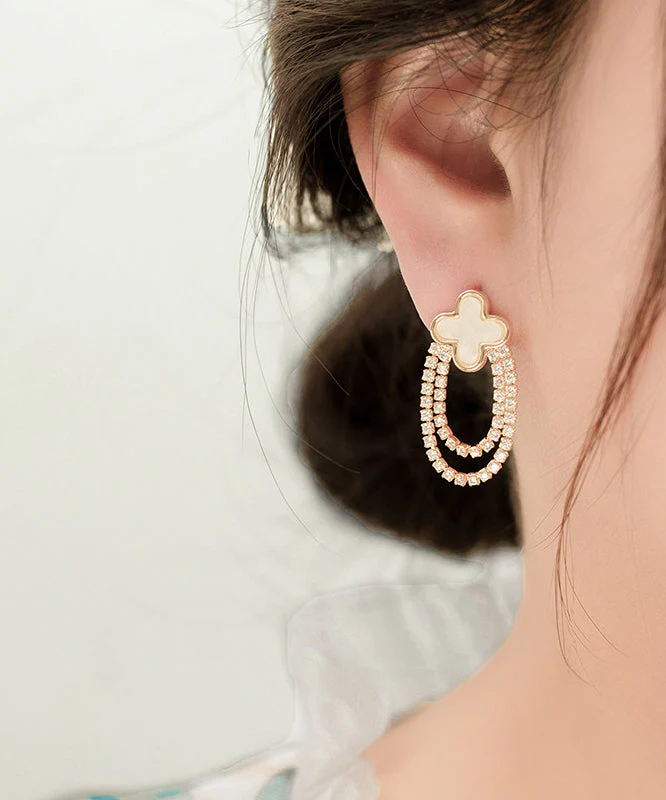 New Black Copper Overgild Zircon Four-Leaf Clover Hoop Earrings - Image 4