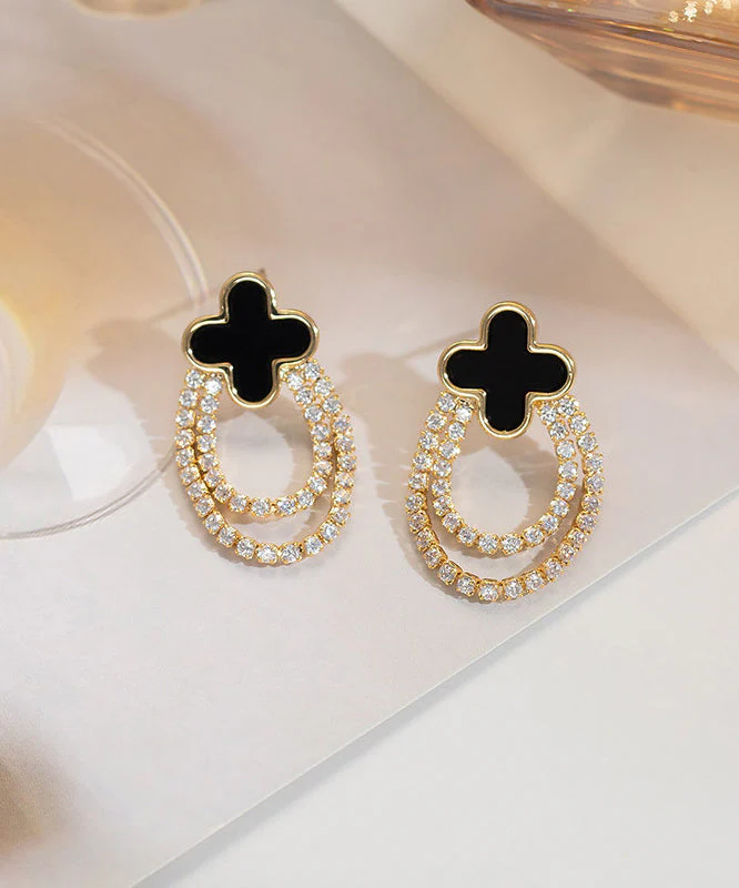 New Black Copper Overgild Zircon Four-Leaf Clover Hoop Earrings - Image 5