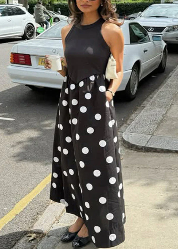 New Black Dot Print Patchwork Cotton Dresses Sleeveless