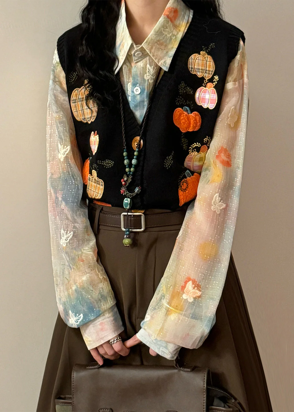 New Black Embroidered Pumpkin Button Knit Waistcoat Spring - Image 3