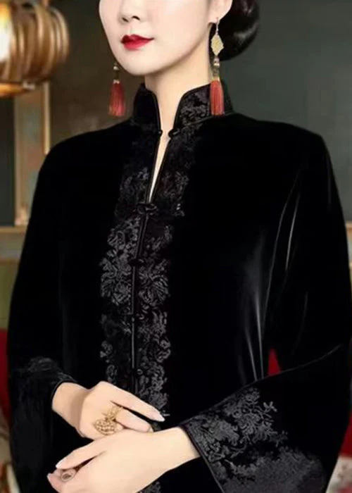 New Black Embroidered Button Fleece Long Dresses Flare Sleeve - Image 2