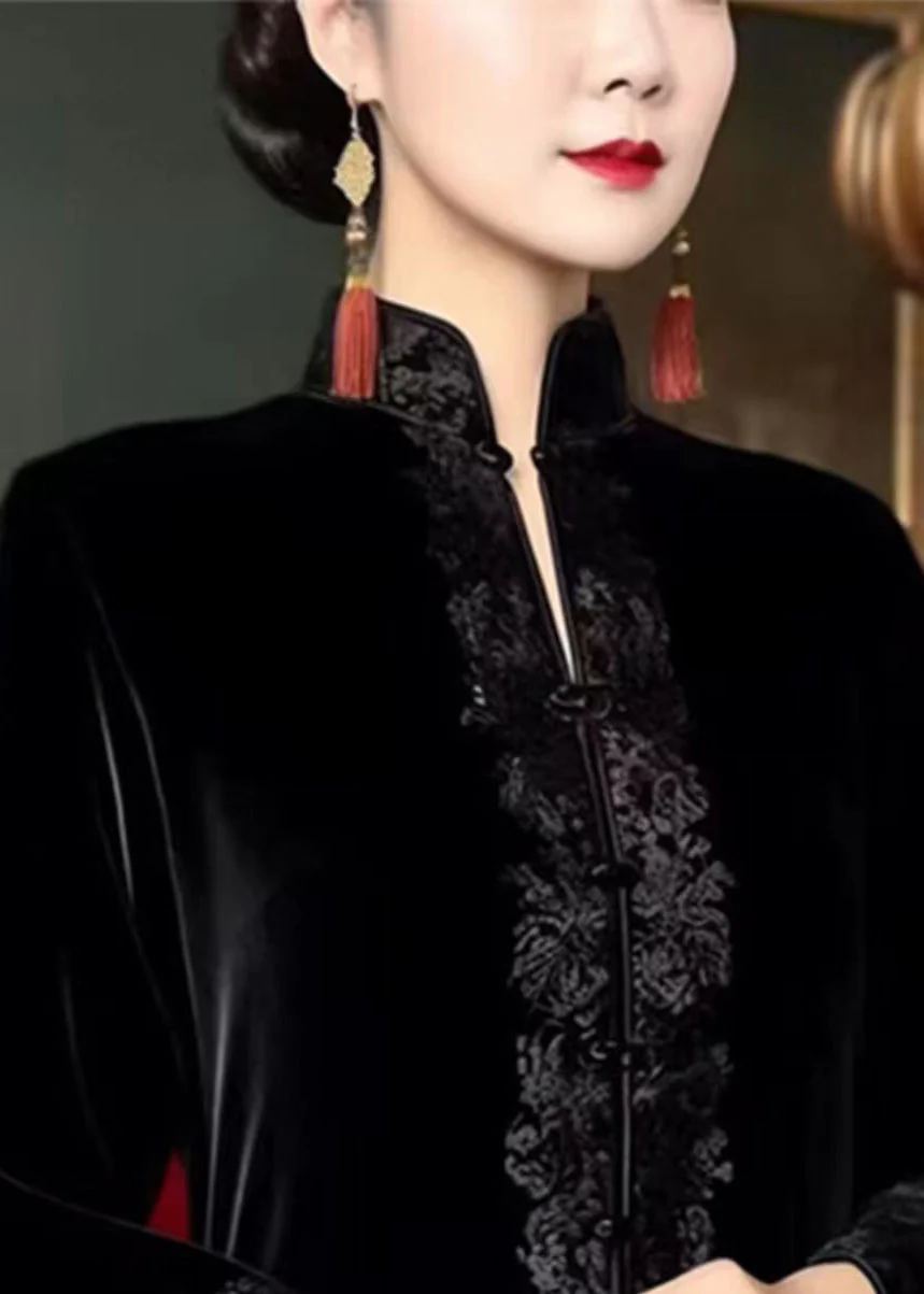 New Black Embroidered Button Fleece Long Dresses Flare Sleeve - Image 3