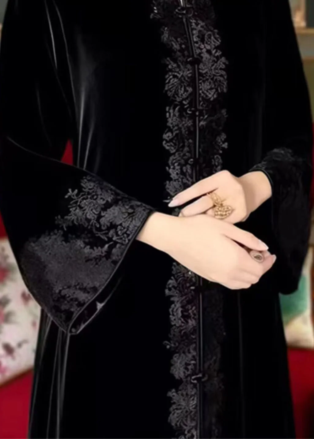 New Black Embroidered Button Fleece Long Dresses Flare Sleeve - Image 4
