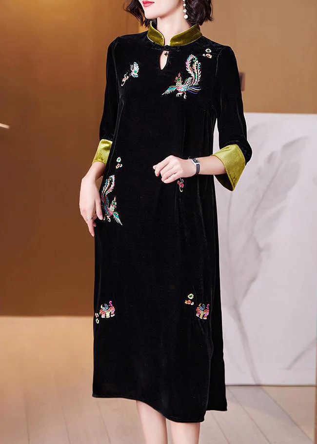 New Black Embroidered Pockets Silk Velour Dress Long Sleeve - Image 3