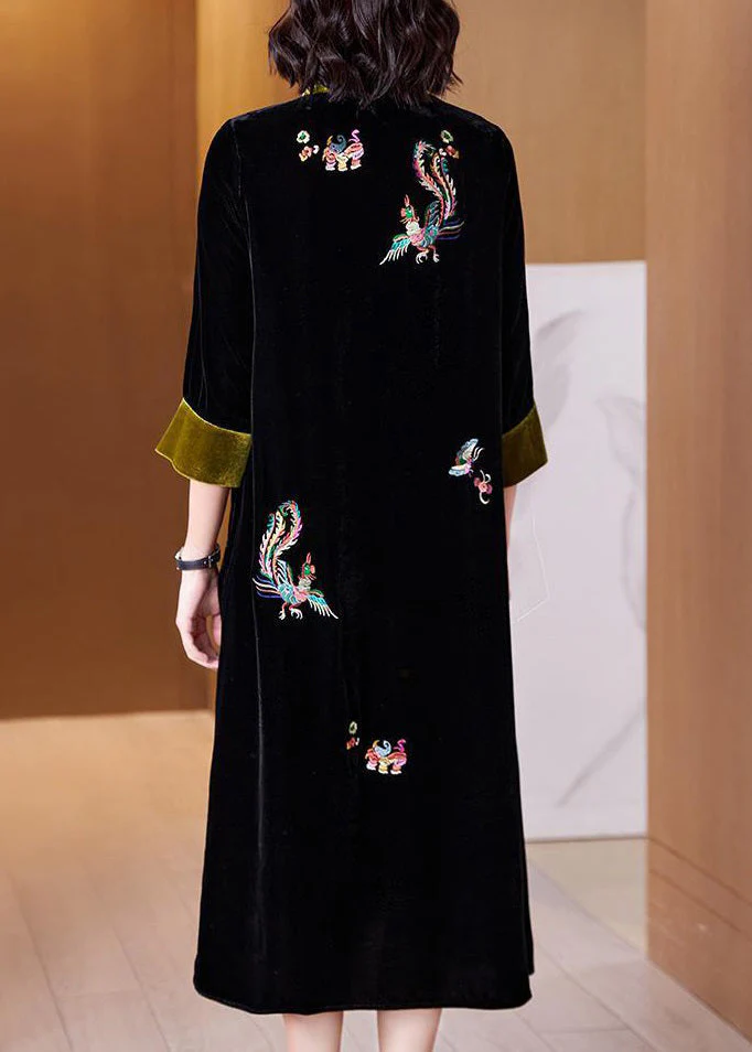New Black Embroidered Pockets Silk Velour Dress Long Sleeve - Image 4