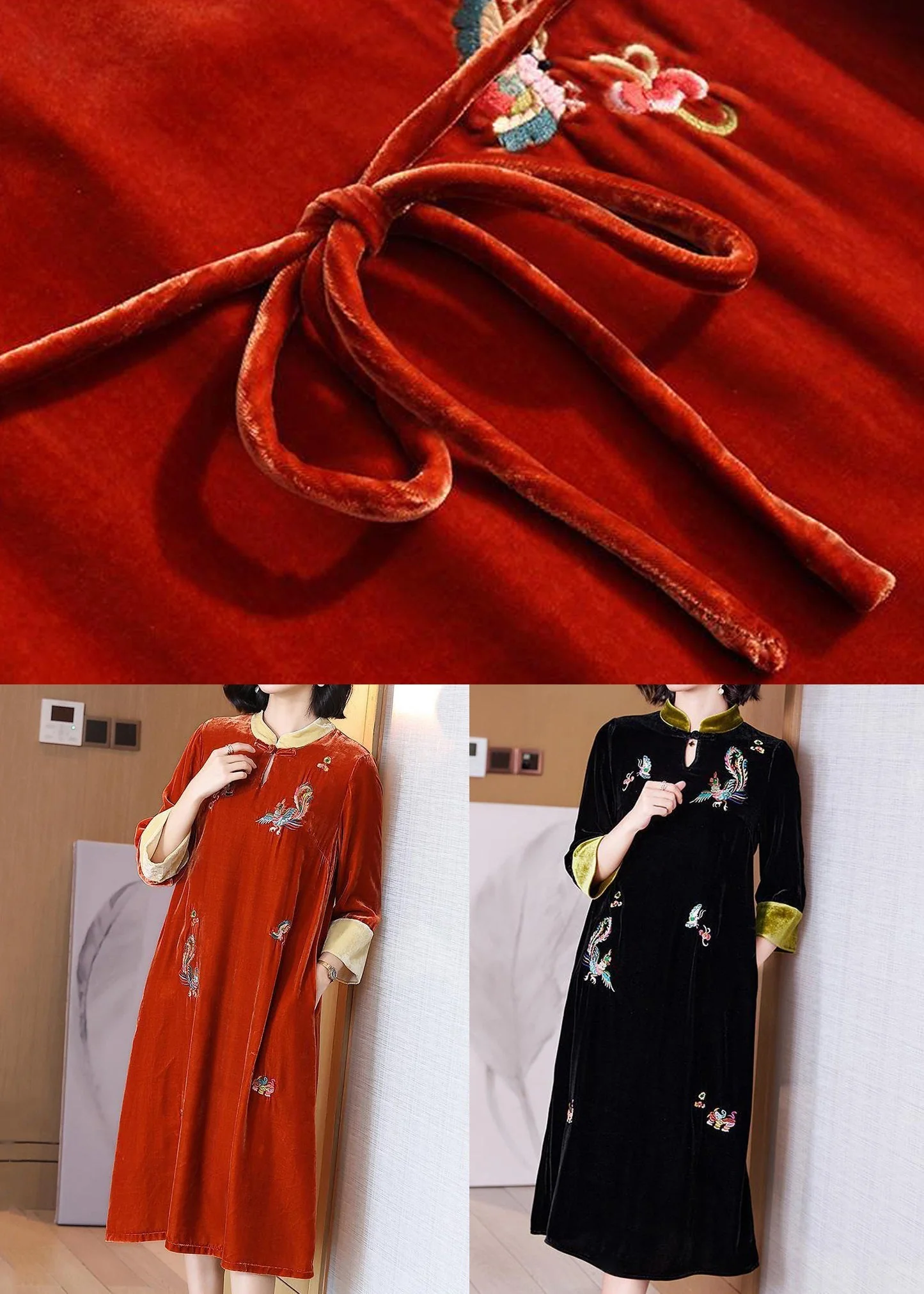 New Black Embroidered Pockets Silk Velour Dress Long Sleeve - Image 5