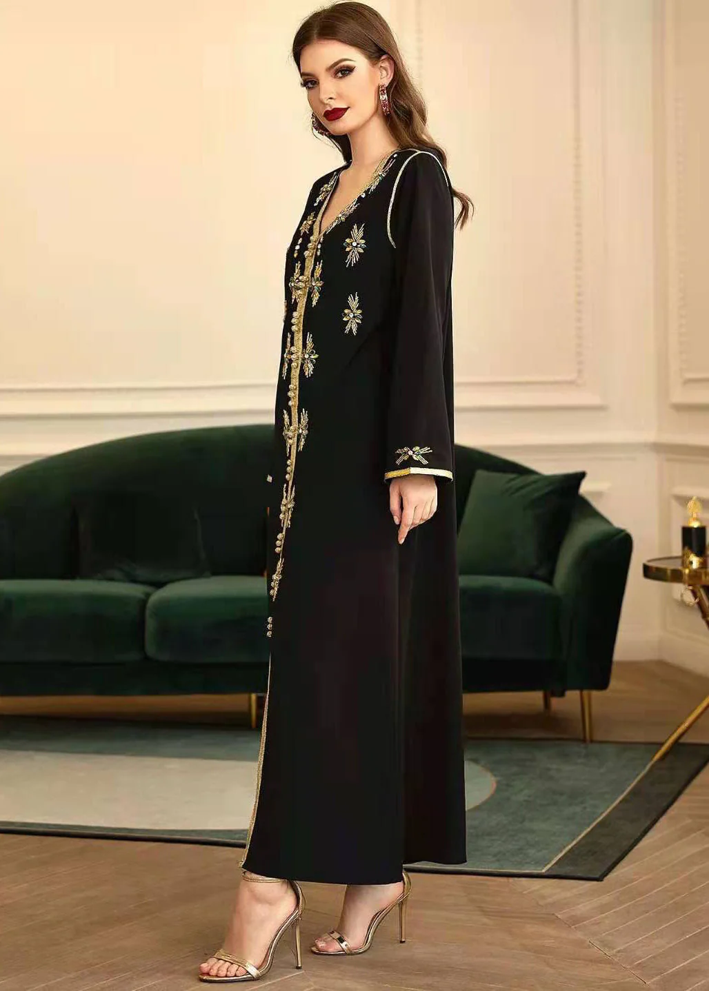 New Black Hand-Stitched Phnom Penh V-Neck Rhinestone Party Dress - Image 3
