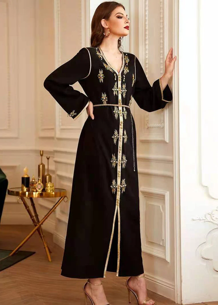 New Black Hand-Stitched Phnom Penh V-Neck Rhinestone Party Dress - Image 4