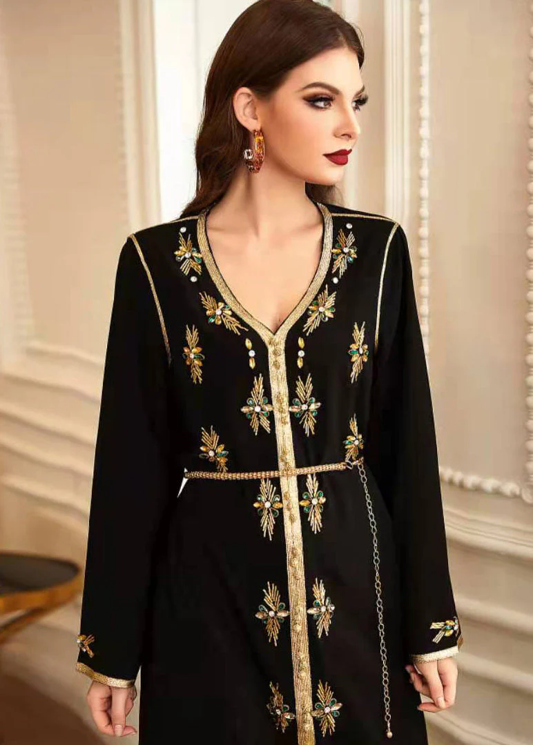New Black Hand-Stitched Phnom Penh V-Neck Rhinestone Party Dress - Image 5