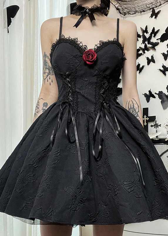 New Black Lace High Waist Patchwork Cotton Mid Dress Sleeveless - Image 2